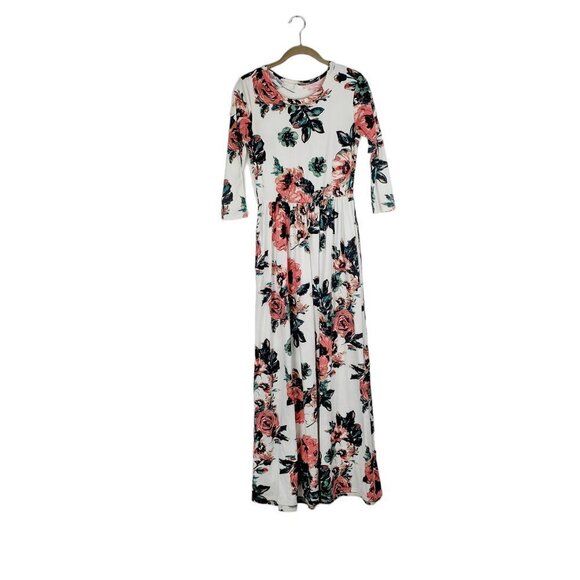 Jessakae Classic Rose Maxi Dress Modest Pockets Ivory Pink Floral Size Small - Picture 2 of 10